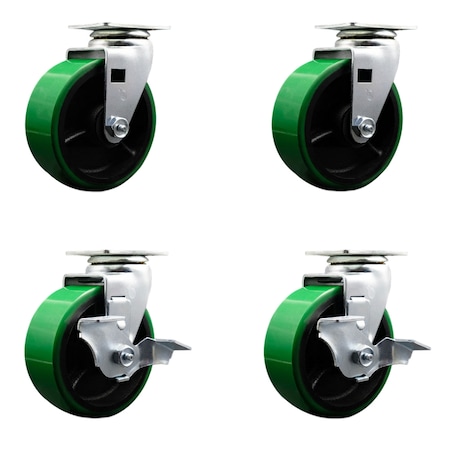 5 Inch Green Poly On Cast Iron Swivel Caster Set With Roller Bearings 2 Brakes